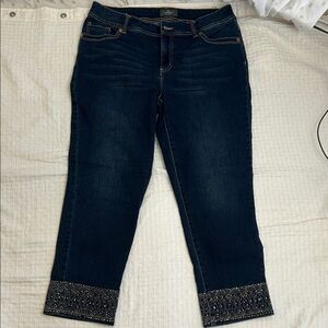 Chico's Dark Blue Cropped Jeans with Embellished Hem size M/10
